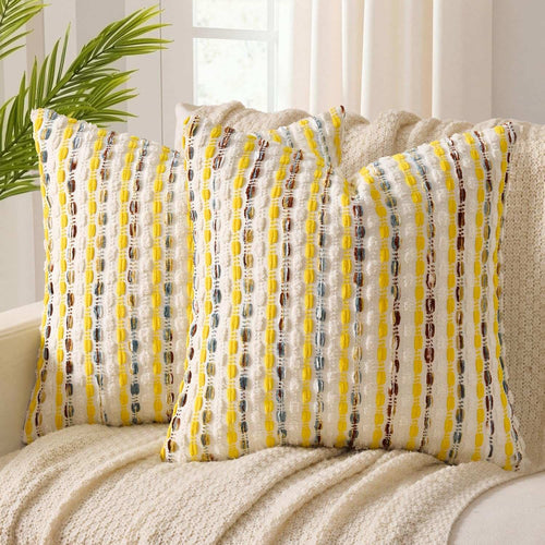 Boho Chenille Textured Tufted Pillow Covers Yellow Cream 18x18 Inch