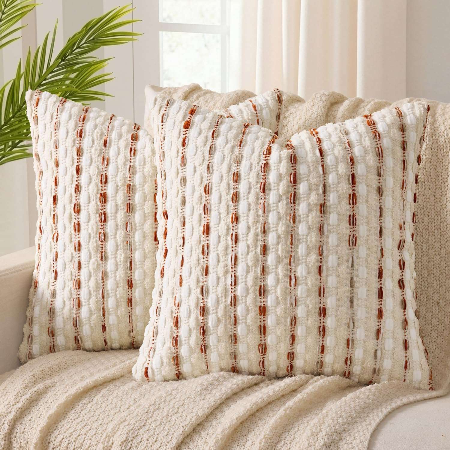 Boho Chenille Textured Tufted Pillow Covers Cream Rust 18x18 Inch