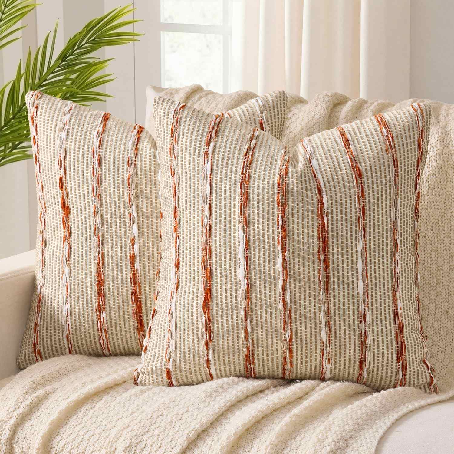 Boho Chenille Textured Tufted Pillow Covers Rust Stripe 18x18 Inch