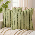 Boho Chenille Textured Tufted Pillow Covers Olive Stripe 18x18 Inch