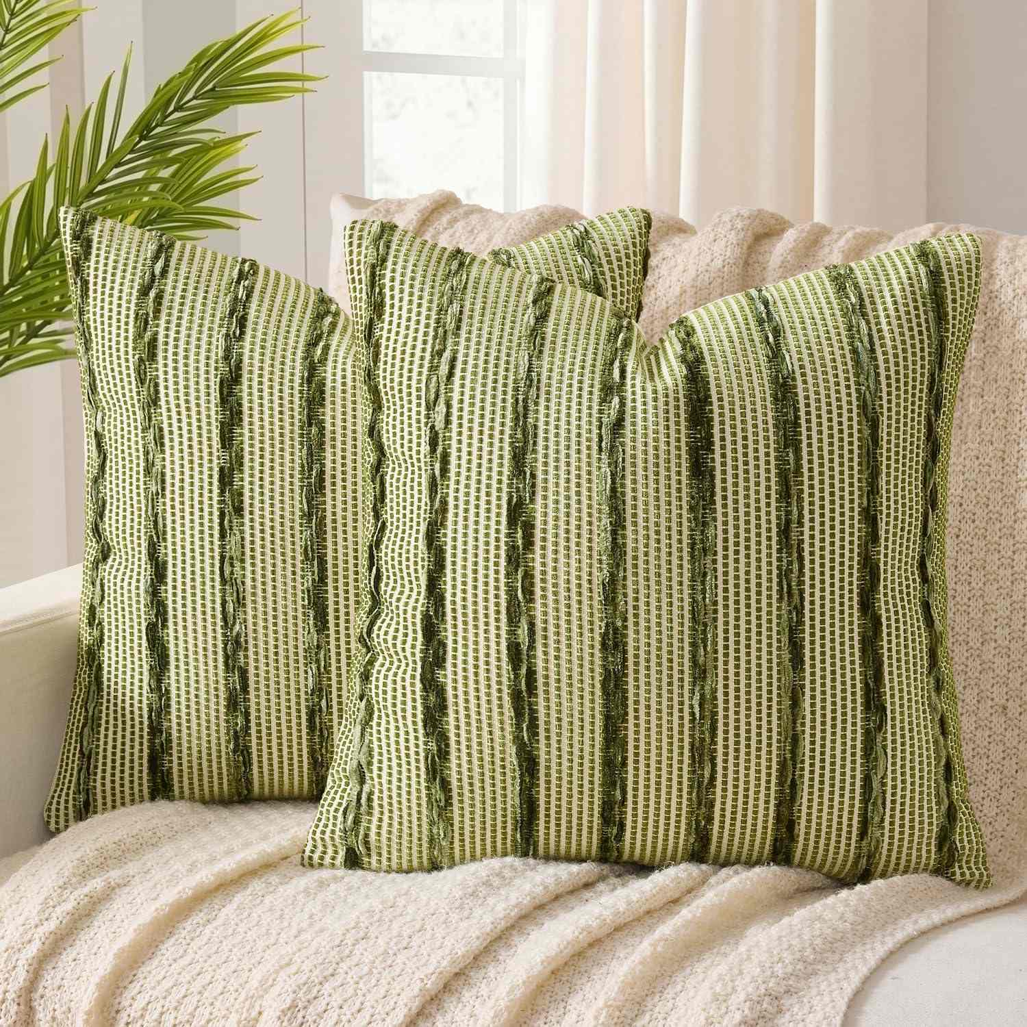 Boho Chenille Textured Tufted Pillow Covers Olive Stripe 18x18 Inch