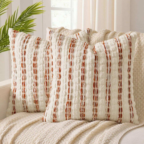 Boho Chenille Pillow Covers with Textured Tufted Stripes Orange White 18x18 Inch