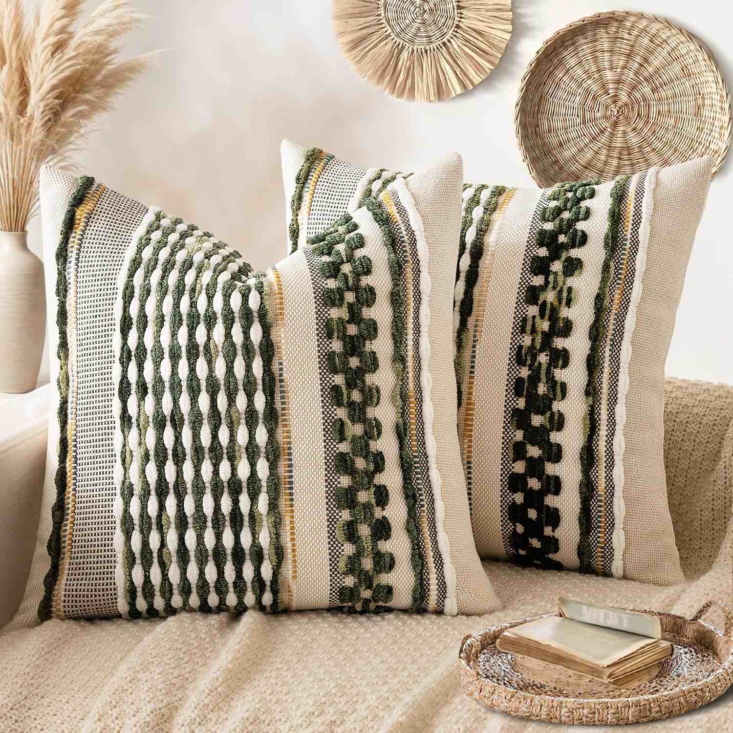 Chenille Accent Neutral Pillowcase Olive Green Stripe 18x18 Inch