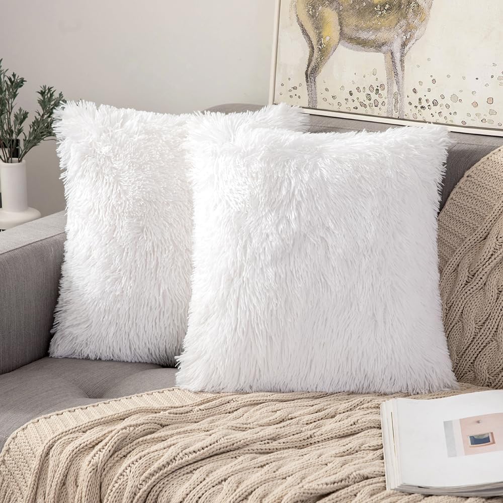 Luxury Fluffy Faux Fur Decorative Pillow Covers White 18x18