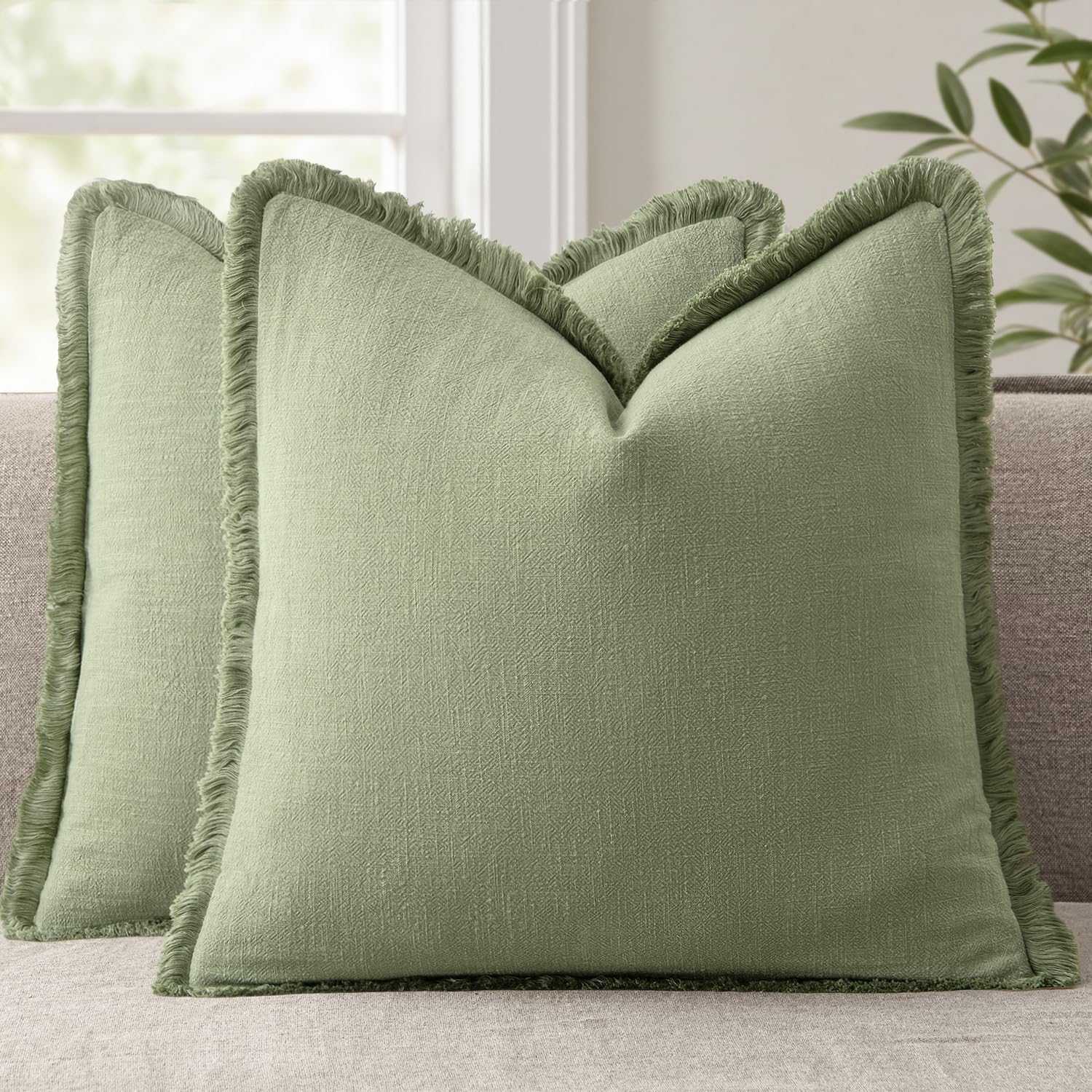 Soft Linen Fringe Farmhouse Boho Vintage Cushion Covers Sage Green 18x18